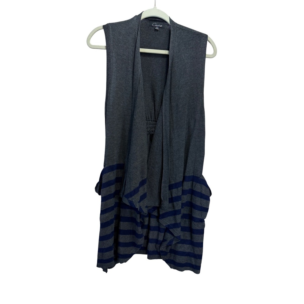 Cecico Womens Large Draped Open Front Vest Grey Navy Blue Striped Knit Pockets